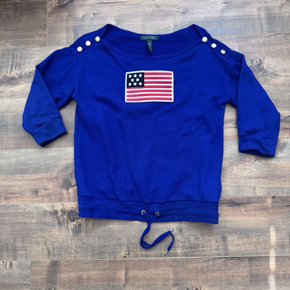 LAUREN Ralph Lauren American USA Flag Knit 3/4 Sleeve Blue Sweater Women’s Small